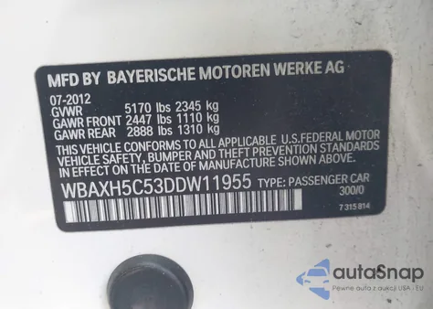 2013 BMW 528I xDrive из США, поврежденный, VIN WBAXH5C53DDW11955